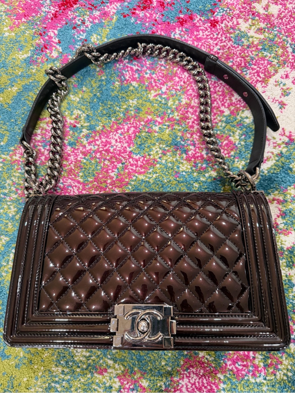 CHANEL Quilted Patent Leather Shoulder Bag in Dark Brown